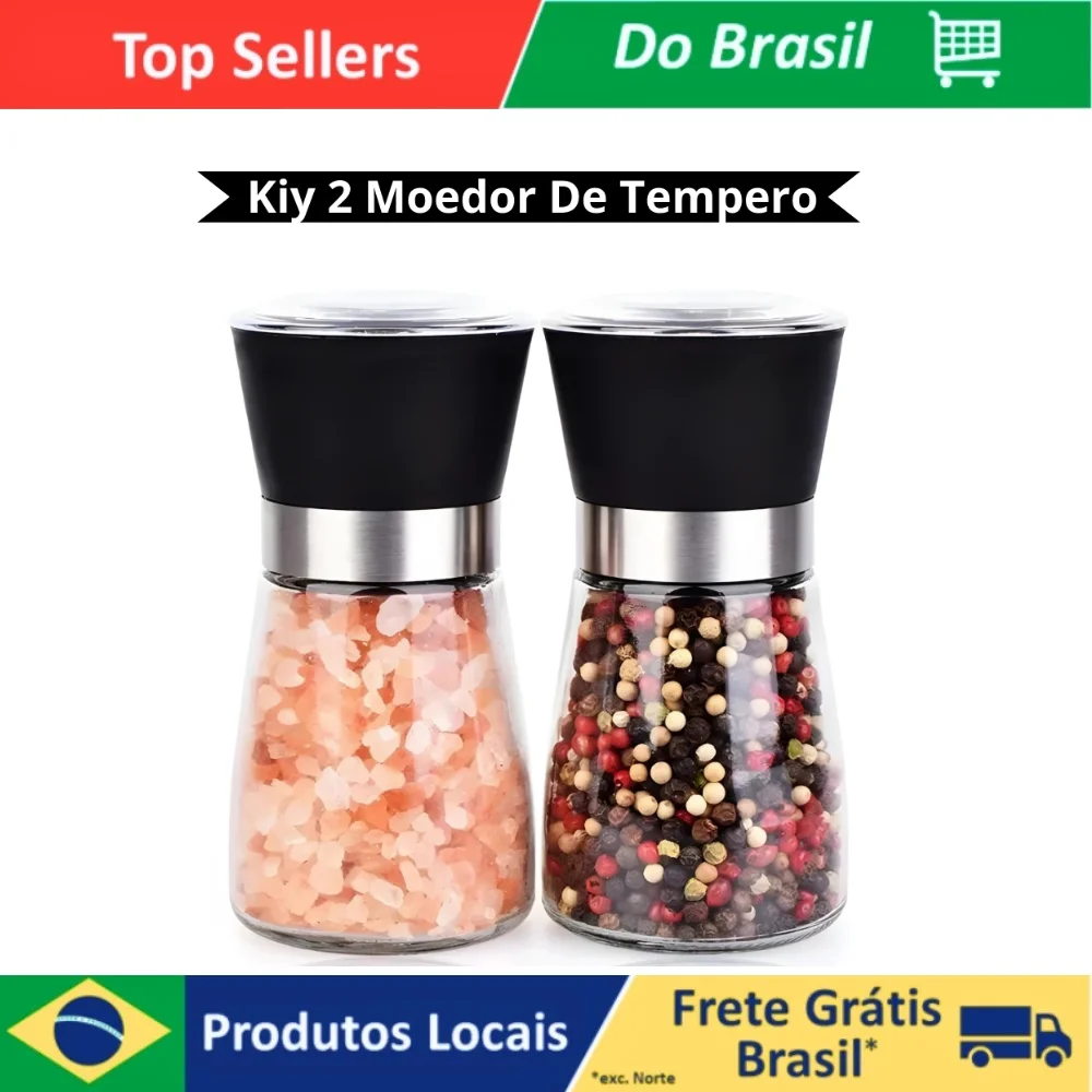 Kit 2 Moedores de Temperos em Vidro e Inox – Triturador para Sal, Pimenta e Especiarias