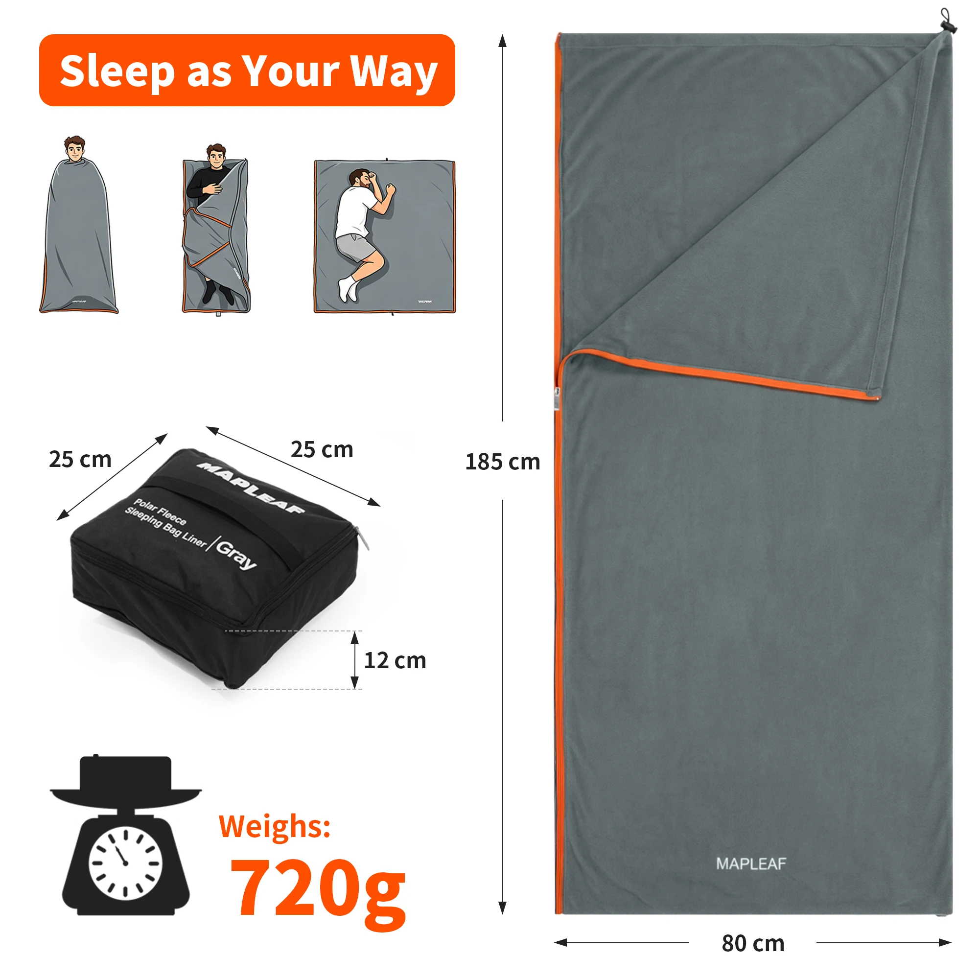 MAPLEAF Fleece-Schlafsack-Innenfutter, warmer Winter-Camping-Reise-Schlafsack, mit Reißverschluss, maschinenwaschbar, tragbar, leicht, für Erwachsene – Detail 7