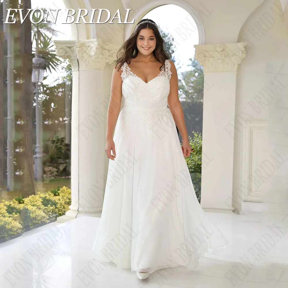 

EVON BRIDAL Boho Sleeveless Wedding Dress Plus Size 2024 V-Neck Chiffon Bride Gown A-Line Lace Applique vestidos novias boda