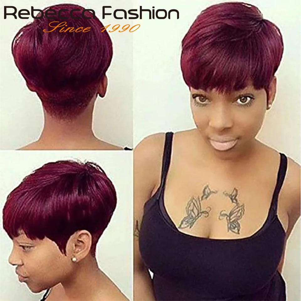 99J Colored Short Straight Bob Pixie Human Hair Wig With Bangs Fringe For Women Brazilian Remy Hair Burgundy Red Bob Wigs