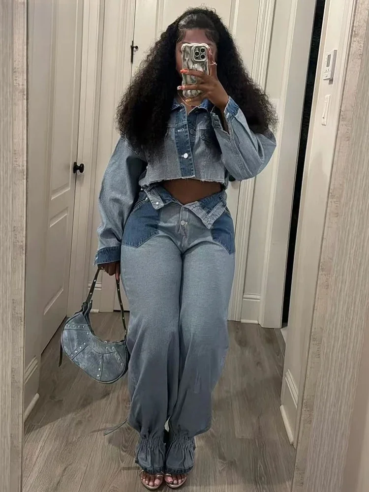 Streetwear Blue Patchwork Denim Two 2-częściowy zestaw spodni dla kobiet Sprzedaż Topy z długim rękawem i dżinsy Flare Luźne dopasowane stroje — zdjęcie 2