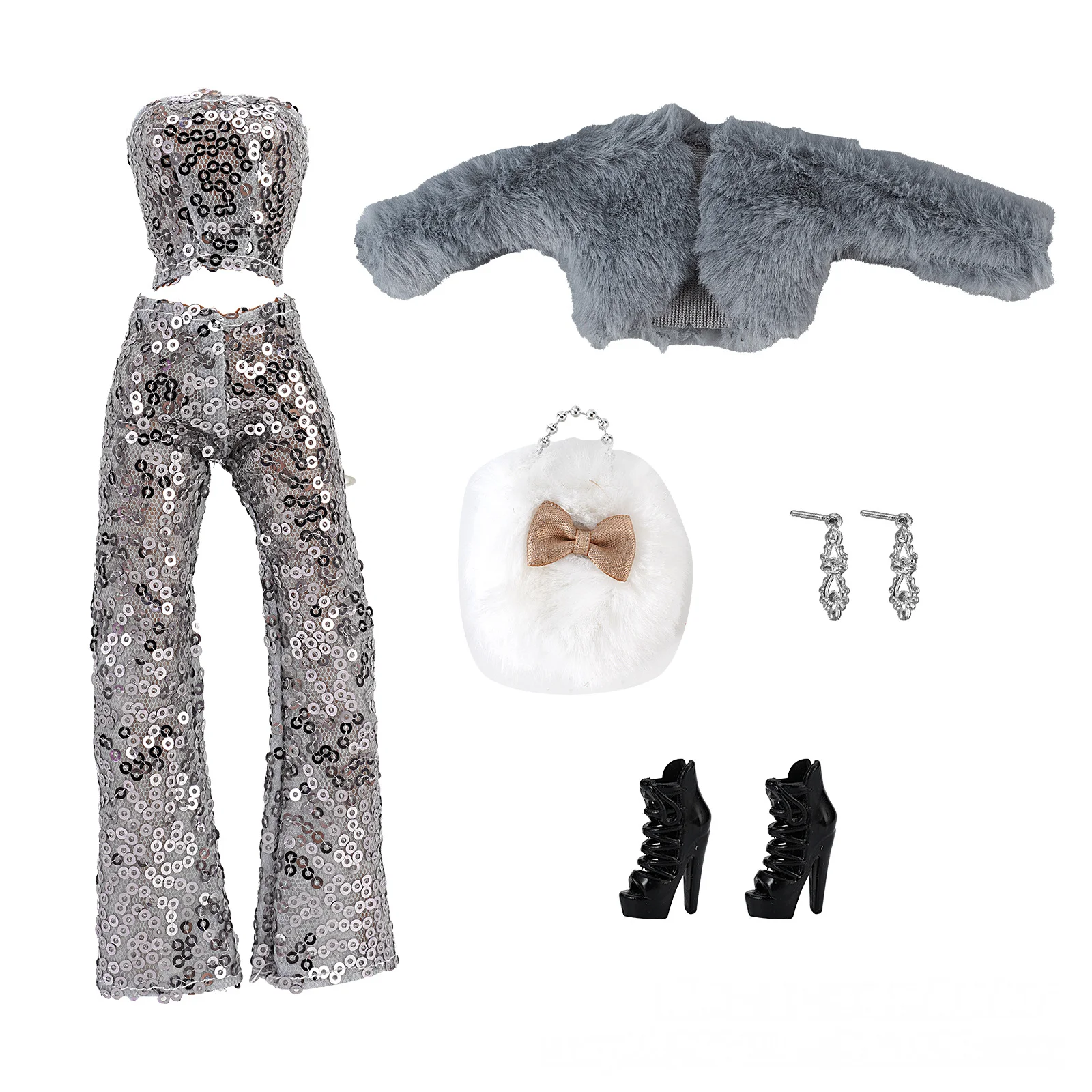 New style winter doll outfit set suitable for 30CM/11.5-inch dolls: plush vest, sequined pants, and bag.