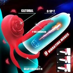 Vibrating Cock Ring with Rose Clitoral Stimulator Testicle Massager, Pleasure Penis Ring Vibrator Couples Adult Sex Toys for Men