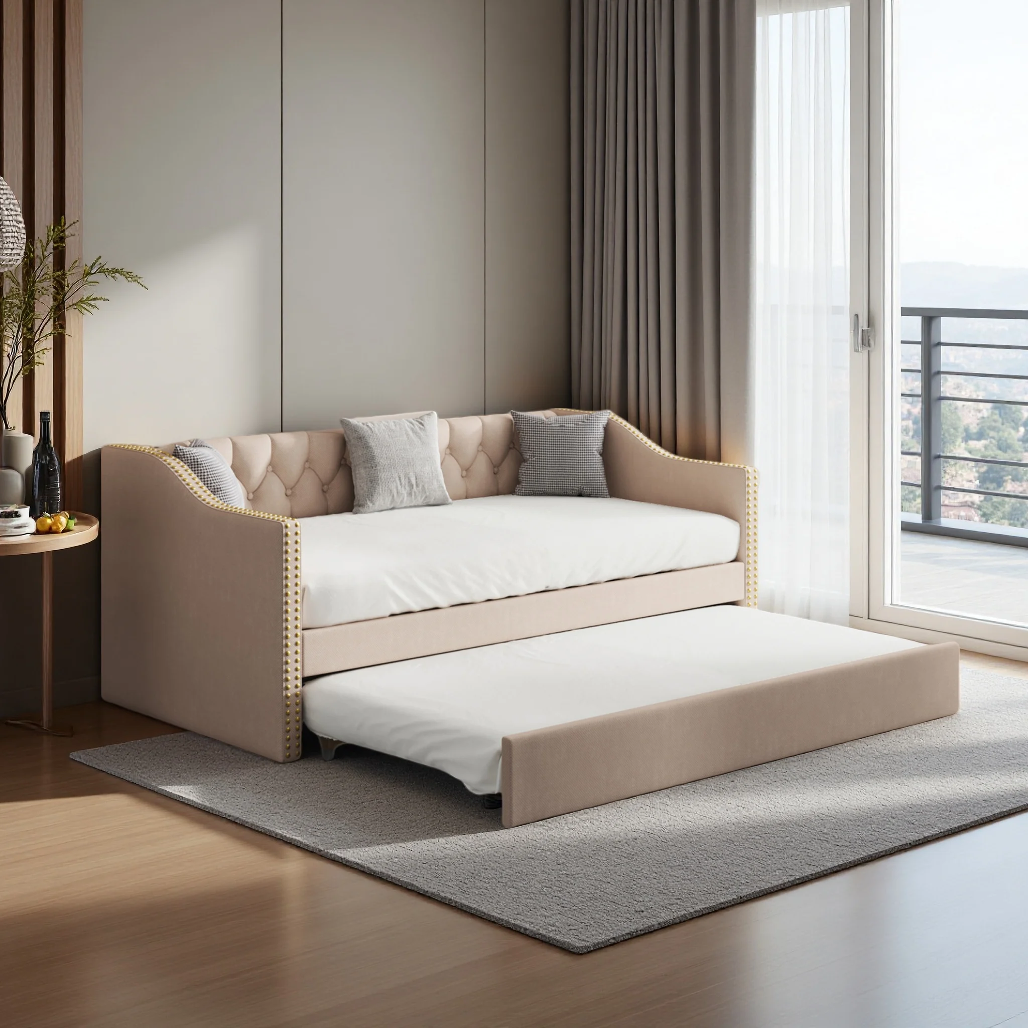 Divano letto estensibile 90/180 x 200 cm, letto imbottito 90x200 cm, divano letto, letto multifunzionale, letto per gli ospiti, divano letto a 2 posti per soggiorno, camera da letto, lino, grigio