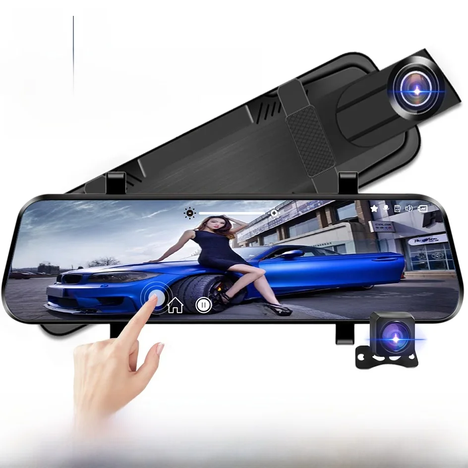 10 Inch Auto DVR Auto Touchscreen video Recorder Dual 1080 P Achteruitkijkspiegel Voor en Achter HD Nachtzicht camera Spiegel - afbeelding 2