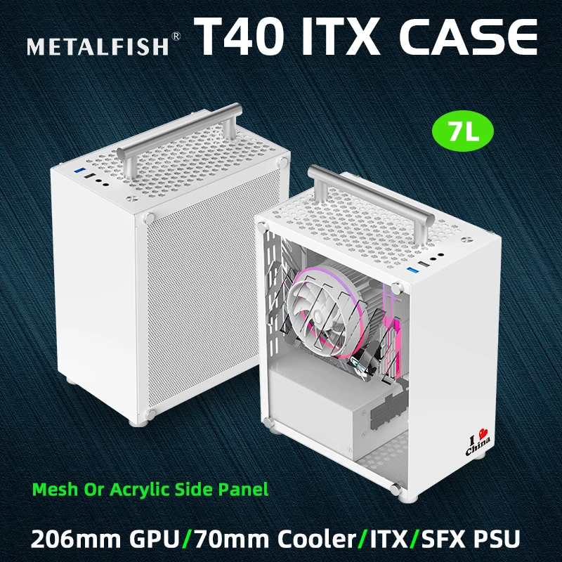 METALFISH T40 미니 ITX 케이스, 7L 게이밍 컴퓨터, 흰색 섀시 컴팩트, Transpare PC 지지대 SFX PSU, 70mm 쿨러, 핸들 포함