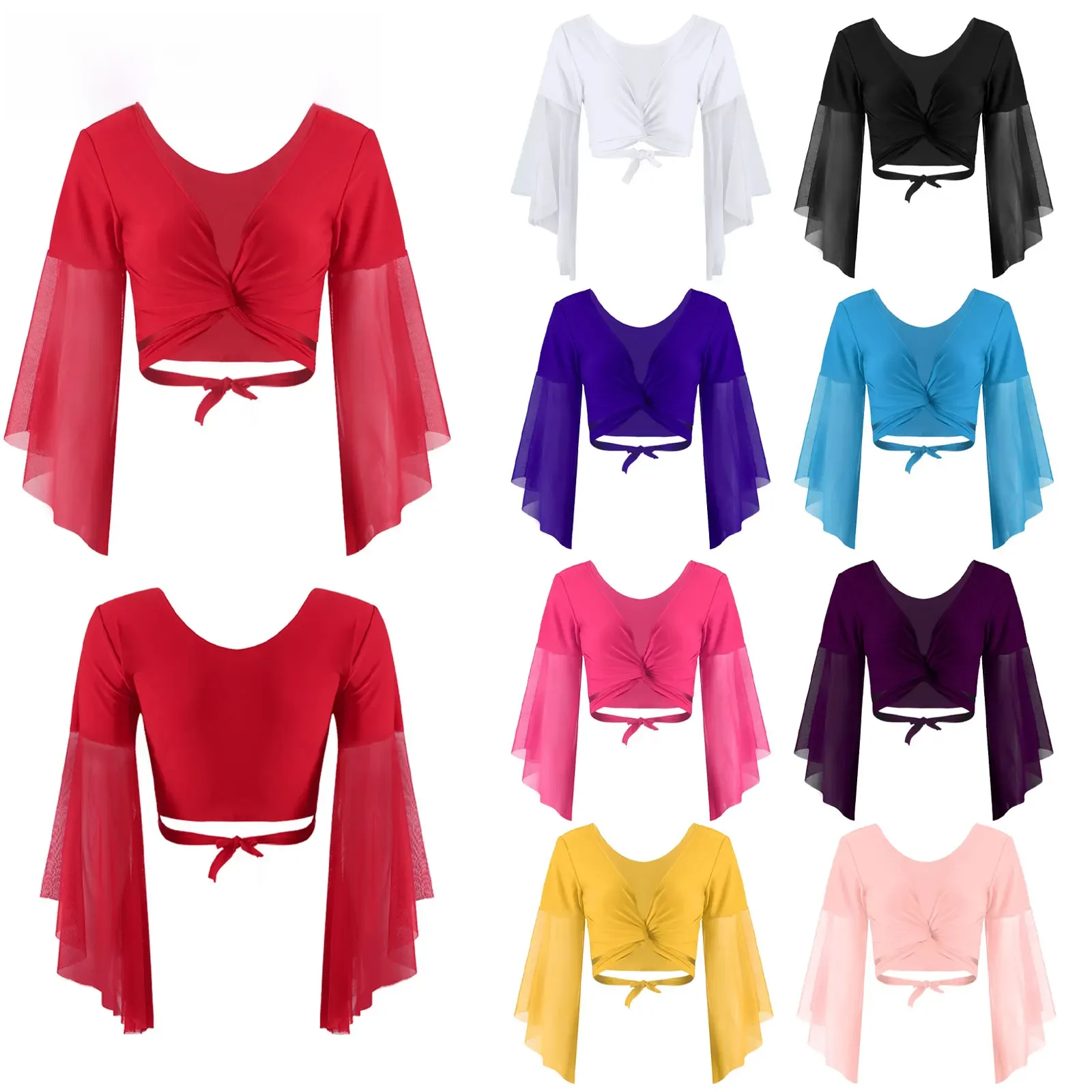 Sznurowane topy do tańca brzucha kobiety V Neck Mesh długi, rozszerzony rękaw szal wzruszenie ramion Bolero Cardigan występ na scenie strój do tańca — zdjęcie 2