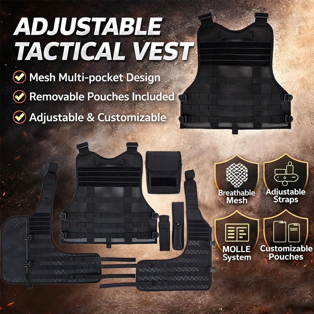 

Тактический жилет Molle с 3 съемными подсумками, легкий, с 3D сетчатой подкладкой, регулируемый, для страйкбола, охоты и активного отдыха