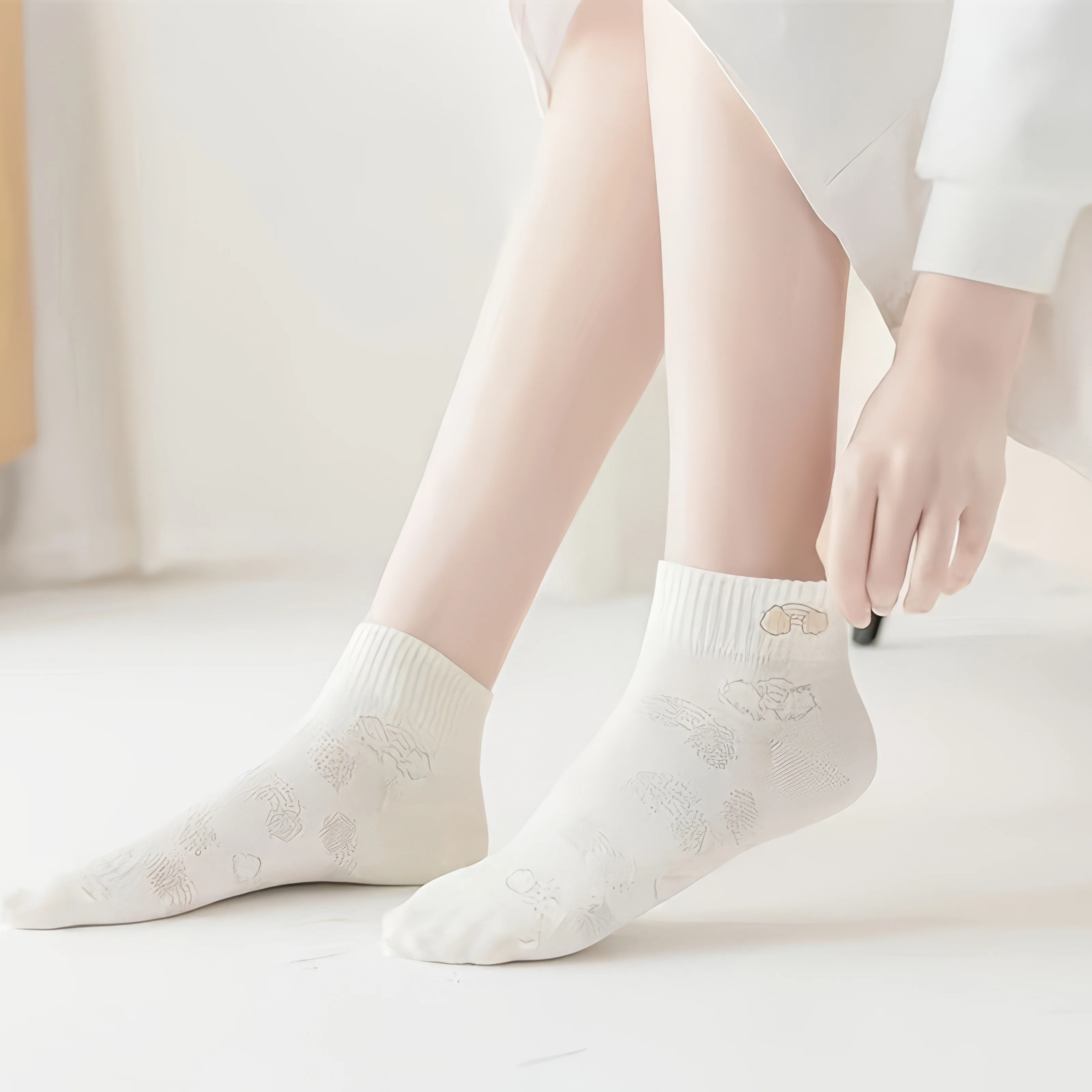 5 Pairs White Socks with Cartoon Emoji Patterns - Soft Smooth Ribbed, Playful Expressions for Daily Style Accessory