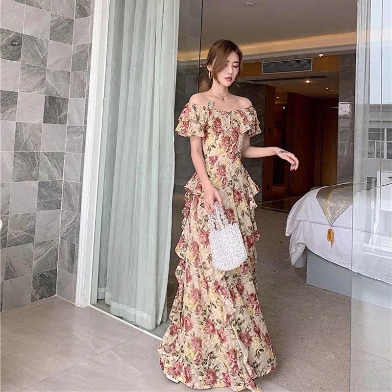 Vacation super fairy floral one-shoulder off-shoulder evening dress