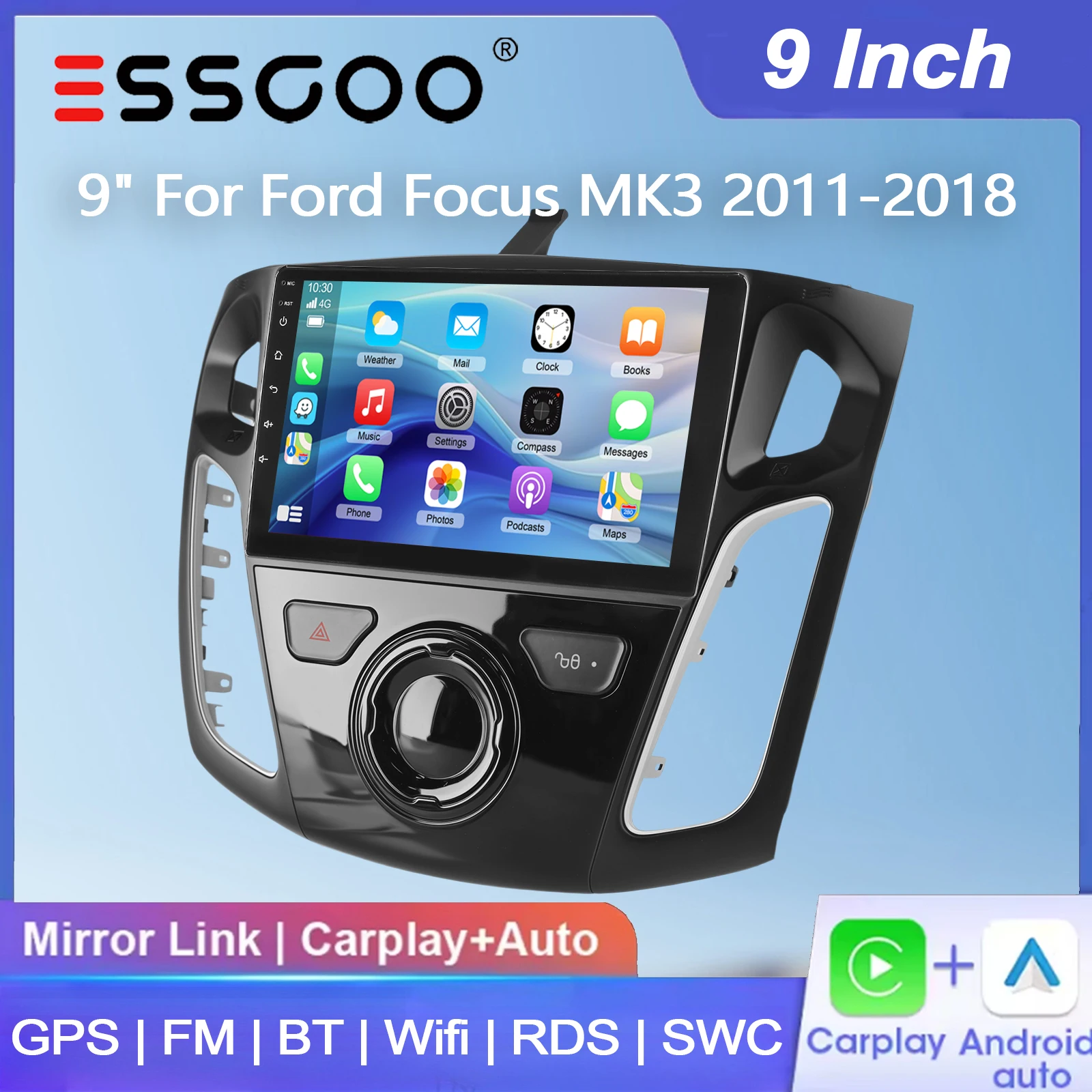ESSGOO 9" Android 15 2+16G/4+64G Kabelloses Carplay Android Auto für Ford Focus MK3 2011-2018 Autoradio GPS-Navigation Radio FM BT WiFi RDS SWC Mirror Link ASP Multimedia-Videoplayer