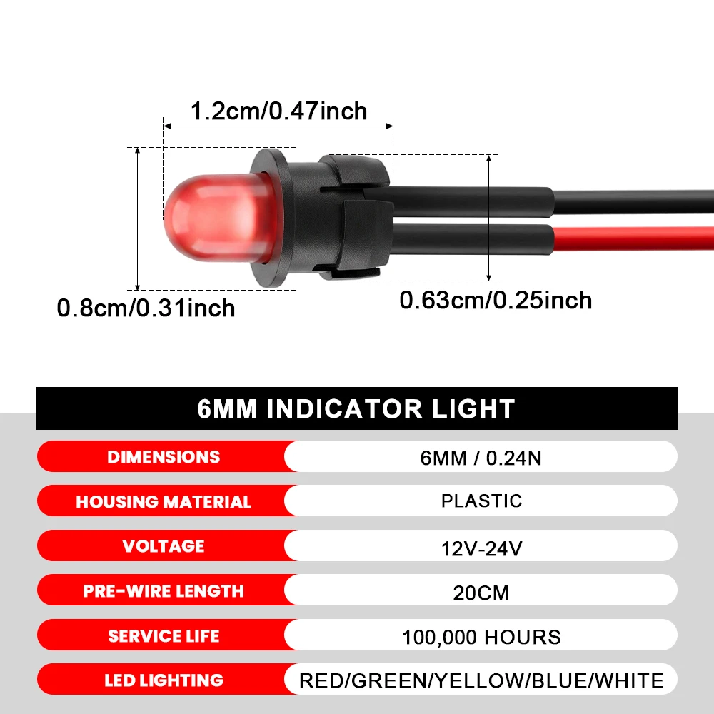 FILN 20 Stück 6mm LED-Anzeigelampen 12V 24V Vorverdrahtete Signalleuchten Mini-Pilotlampen für Auto LKW Boot Marine Universal – Detail 2