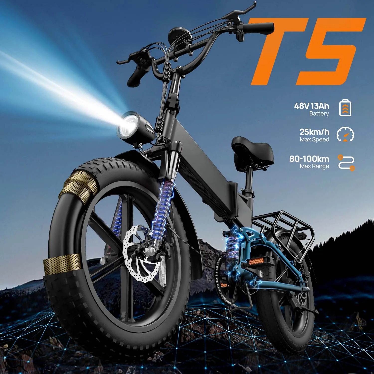 Urlife T5 Elektrofahrrad 250W 48V 13Ah Akku Geschwindigkeit 25KM/H 100km Reichweite 20x4 Zoll Fatbike Kostenloser Versand Faltbar und Tragbar E-Bike