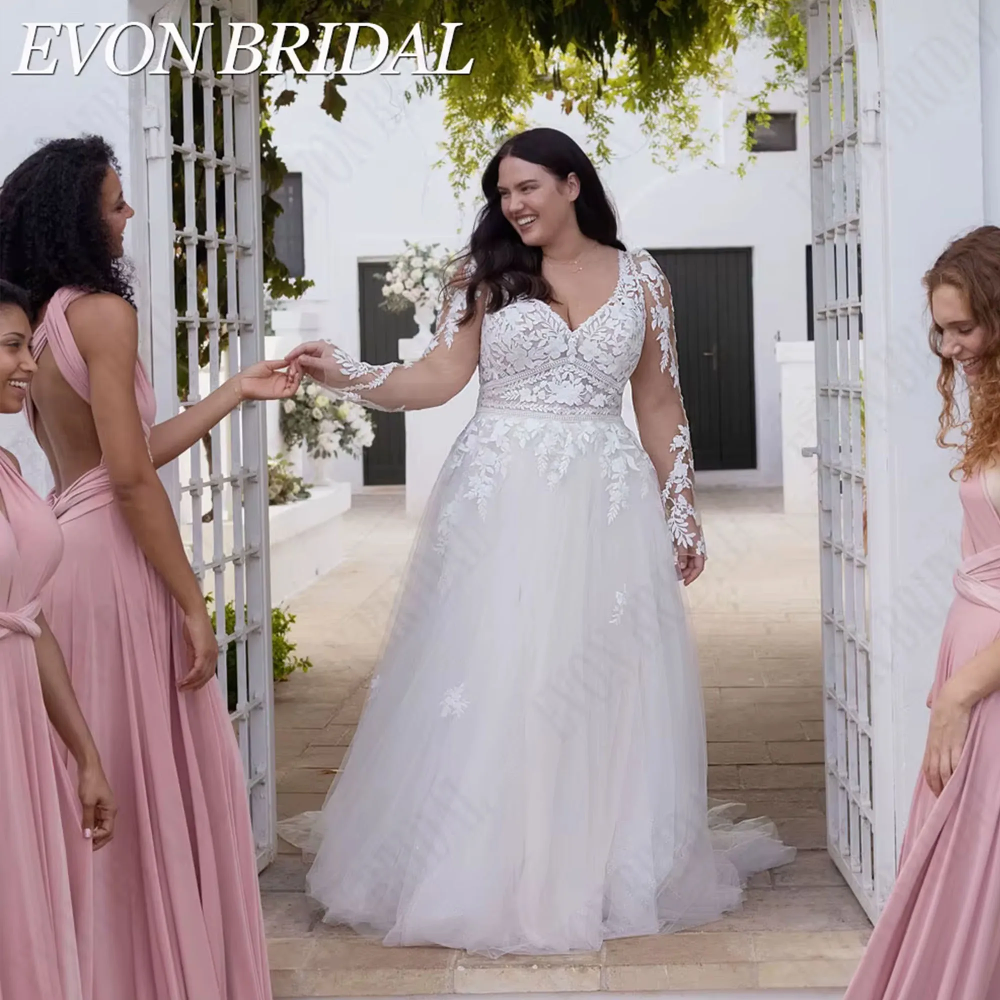 

Plus Size Lace Wedding Dress Detachable Sleeves V-Neck Robe De Mariée Elegant Applique A-Line Bride Gown EVON BRIDAL Customized