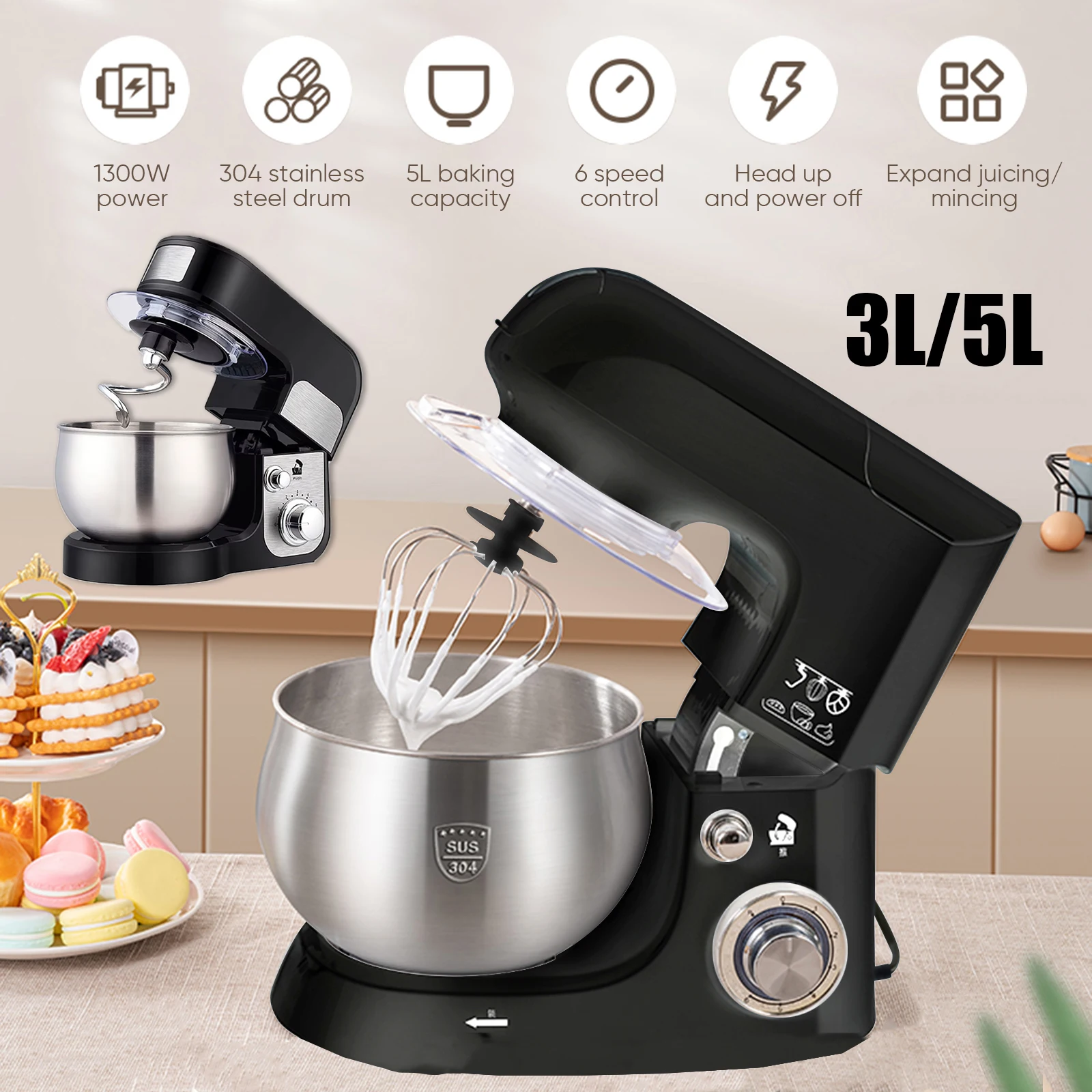5L Multifunktionale Chef Maschine Haushalt Kleine Teig Knetmaschine Vollautomatische Mehl Mischen Mixer Schneebesen Eier Beater EU