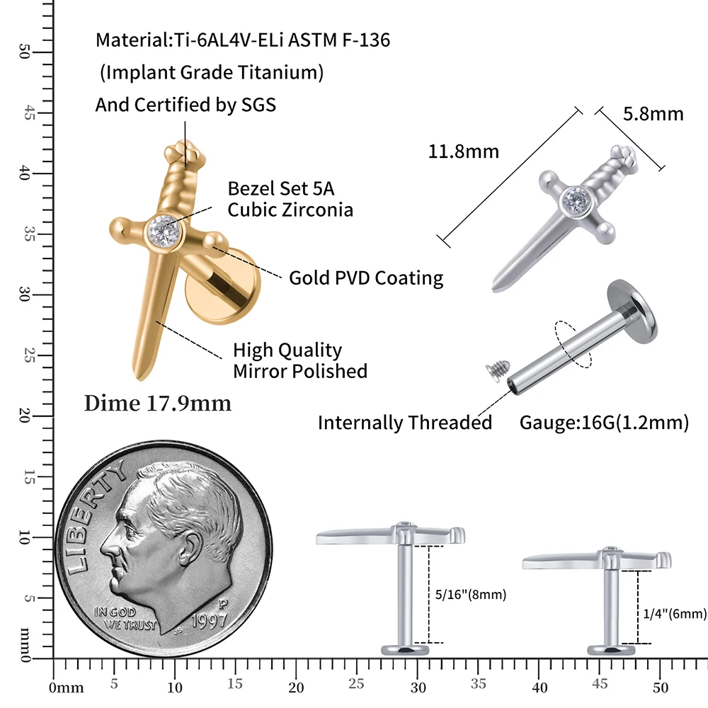 Right Grand ASTM F136 Titanium 16G Internally Threaded Cute Sword Helix Stud Earring Daith Cartilage Tragus Lobe Dagger Piercing