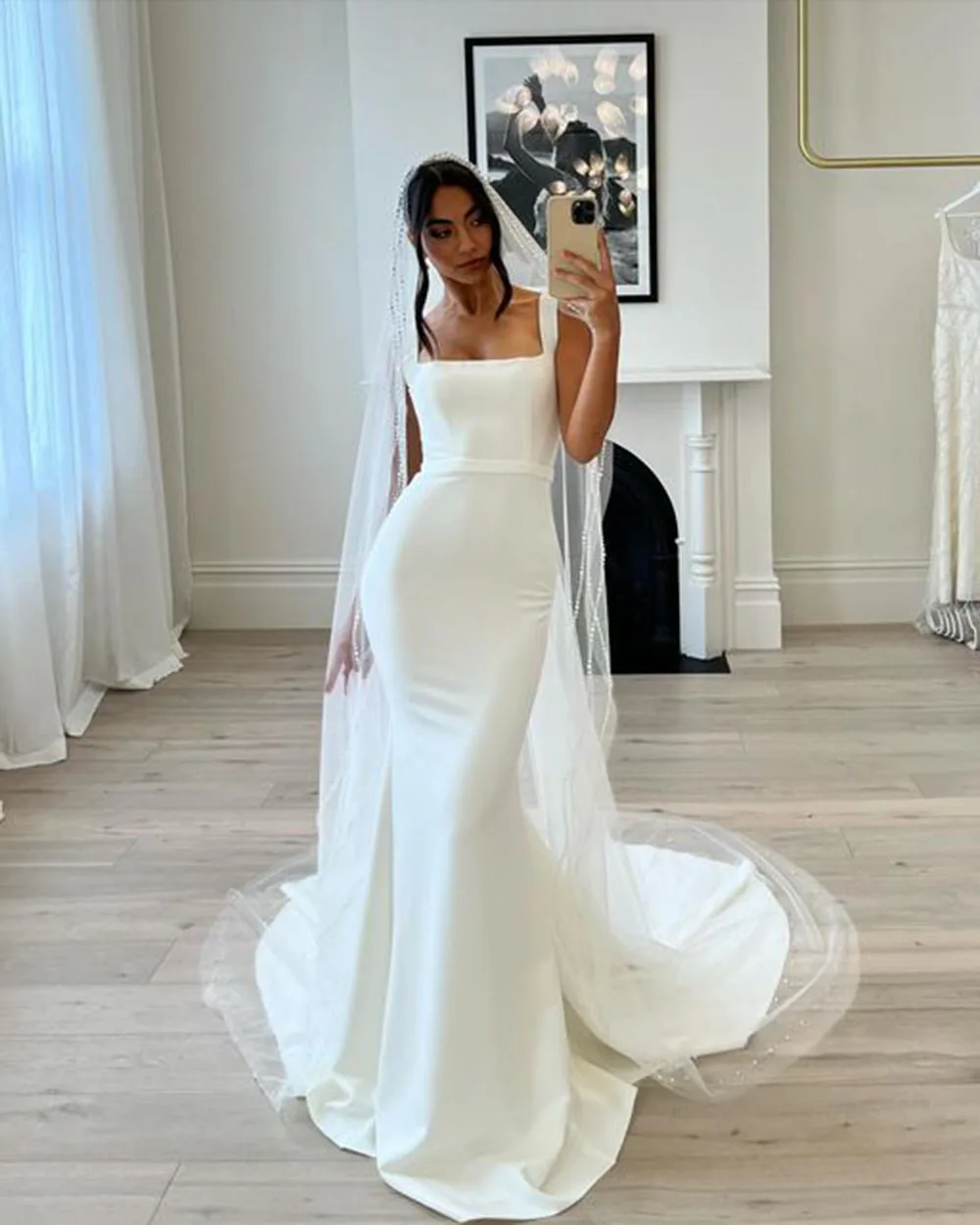 Mermaid Wedding dresses Women Backless Square Collar Wedding Party Dress Brides Rectption Dress With Detachable Train Customized