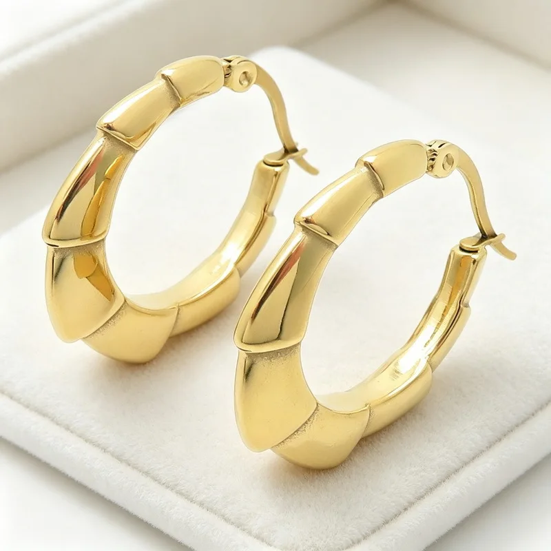 Pair Stainless Steel Bamboo Joint Earrings - 25mm Simple Hoops for Women Gifts