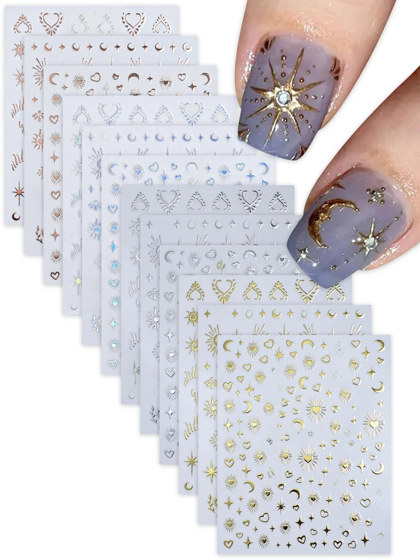 6/12/24 Vellen Gouden & Zilveren Ster, Maan & Hart Nagelstickers, Zelfklevende 3D Nageldecoratie Stickers voor DIY Manicure Decoratie - afbeelding 2
