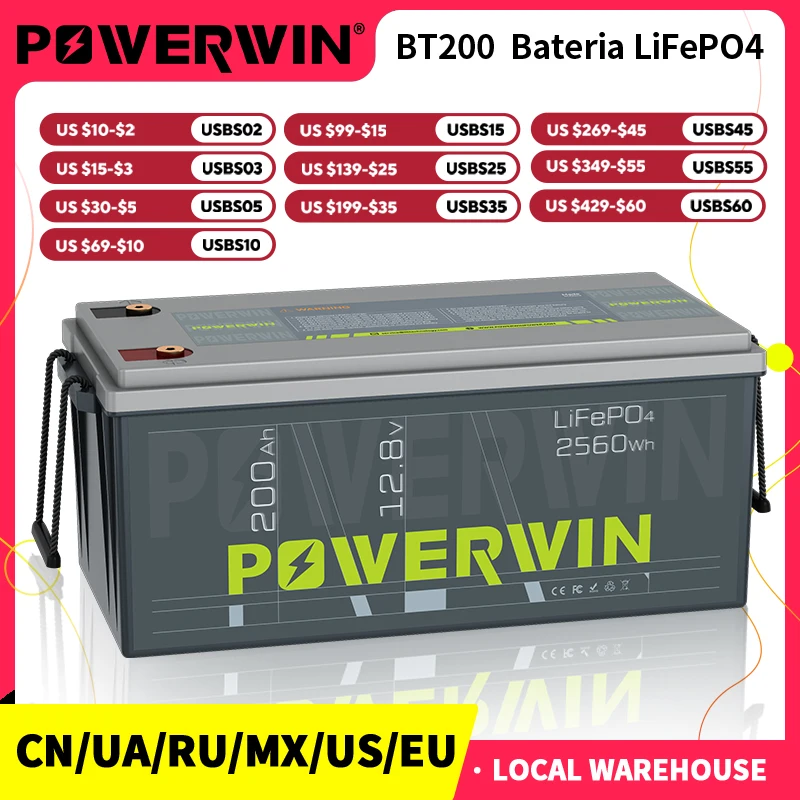 

POWERWIN 12,8 В, 200 Ач, аккумулятор LiFePO4 класса A, BT200, 2560 Вт/1280 Вт, встроенный BMS 200A, 4000+, солнечная аккумуляторная батарея для лодок глубокого цикла