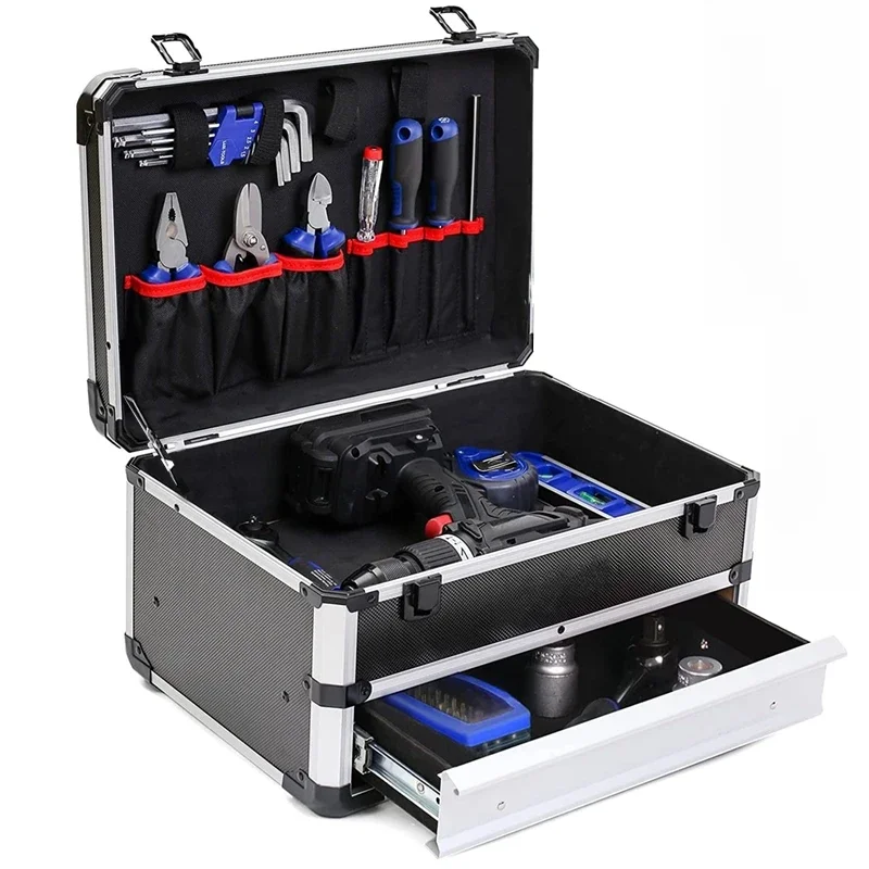 Leerer großer Werkzeugkasten, 2-stufiger Aufbewahrungskoffer, Organizer, Aluminiumbox,