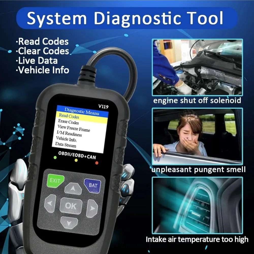 V119 OBD2 Scanner: Car Diagnostic Tool with Voltage Test & USB Power, Reads/Clears Codes for EOBD/CAN OBD2 Vehicles