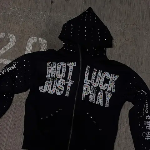 Y2K rhinestone-studded hooded sweatshirt with a NOT JUST LUCK PRAY letter print, perfect for everyday wear.