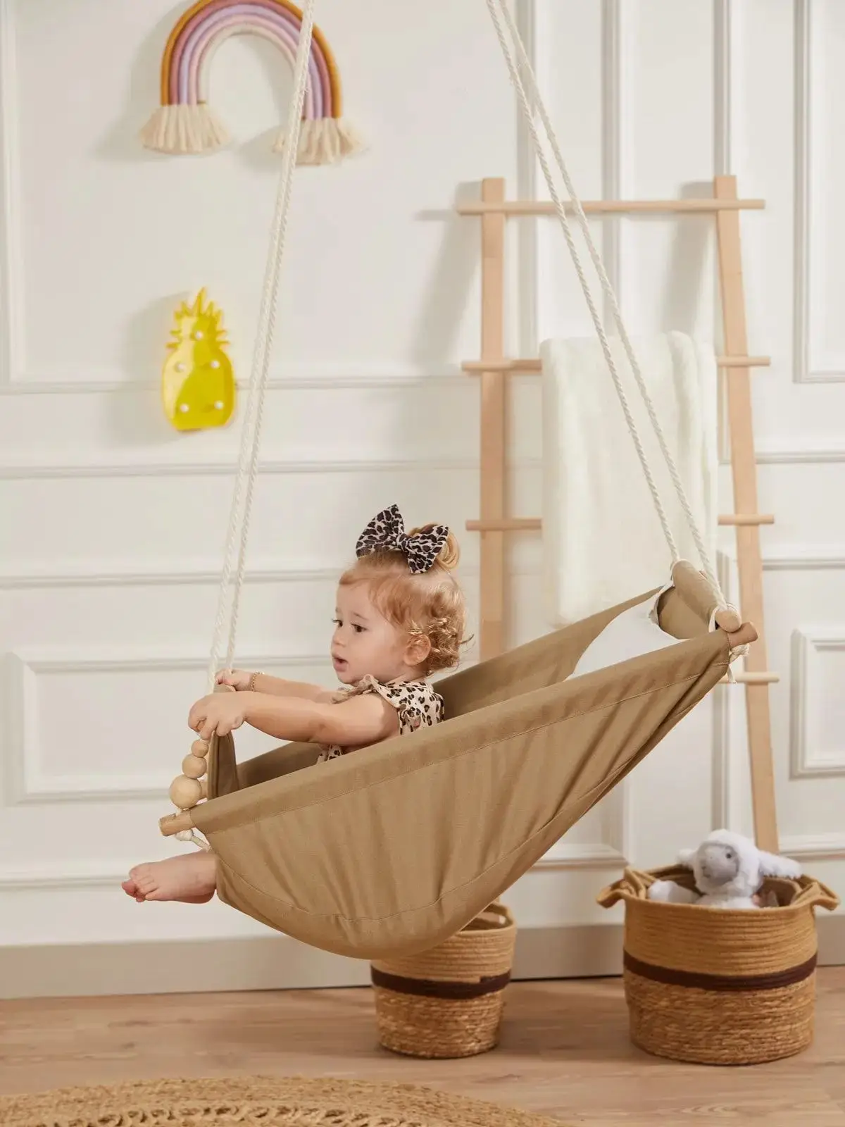 Wooden Baby Hammock Swing Ceiling Suspended Play Activity Kids Swing with Bed and Safety Belt for Babies