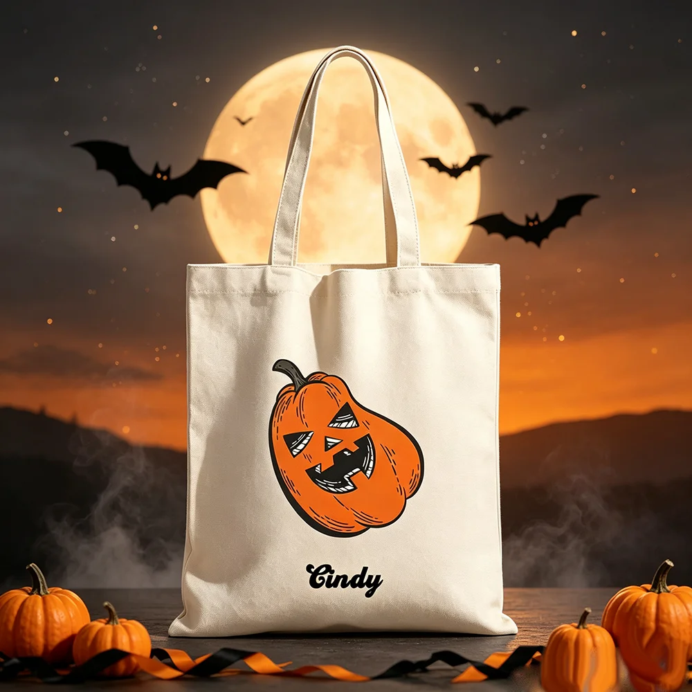 Retro Hand Drawn Pumpkin Custom Name Lantern Canvas Tote Bag Halloween Trick Or Treat Reusable Candy Bag Gift