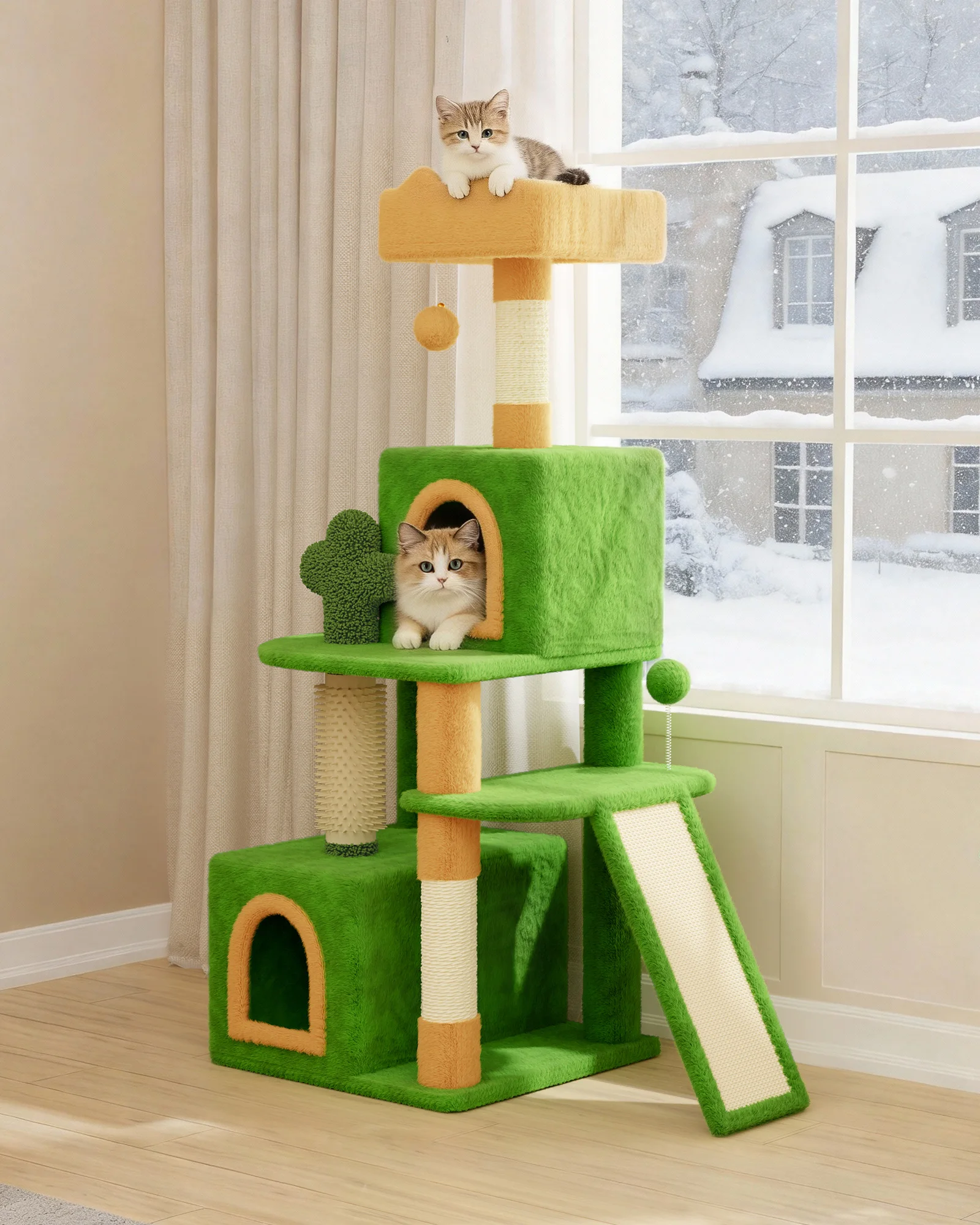 Albero per gatti Dogat, 131 cm, torre da arrampicata a più livelli con 2 letti per gatti, tiragraffi in sisal, tavola da graffiare e palla da gioco, struttura robusta per gatti, ideale per famiglie