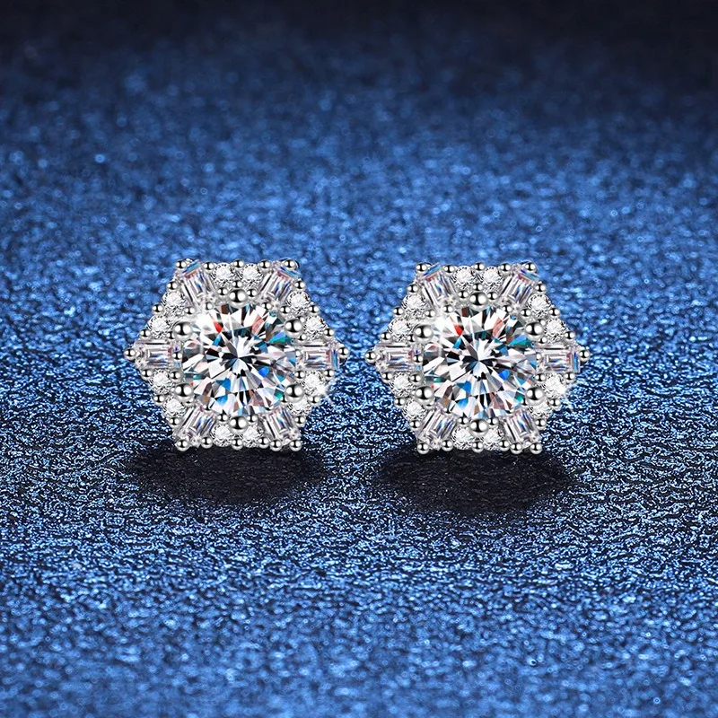 

S925 Sterling Silver Hexagon Star Moissanite Stud Earrings D Color Korean Style Luxury Jewelry for Women