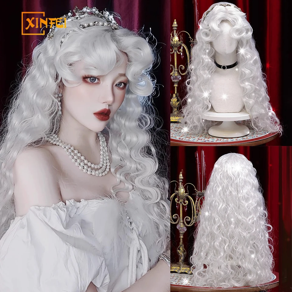 Long Curly Wave Wig with Bangs White Colorful Cosplay Silky Wig for Women Daily Party Natural Soft Synthetic Hair Heat Resistant