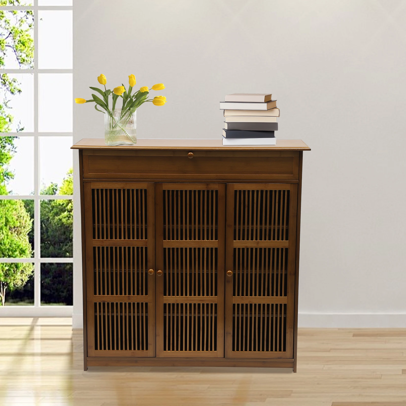 منظم خزانة أحذية من الخيزران مكون من 4 طبقات، خزانة أحذية للمدخل، منظم رف الأحذية مع أبواب مناسبة للمنزل، جديد