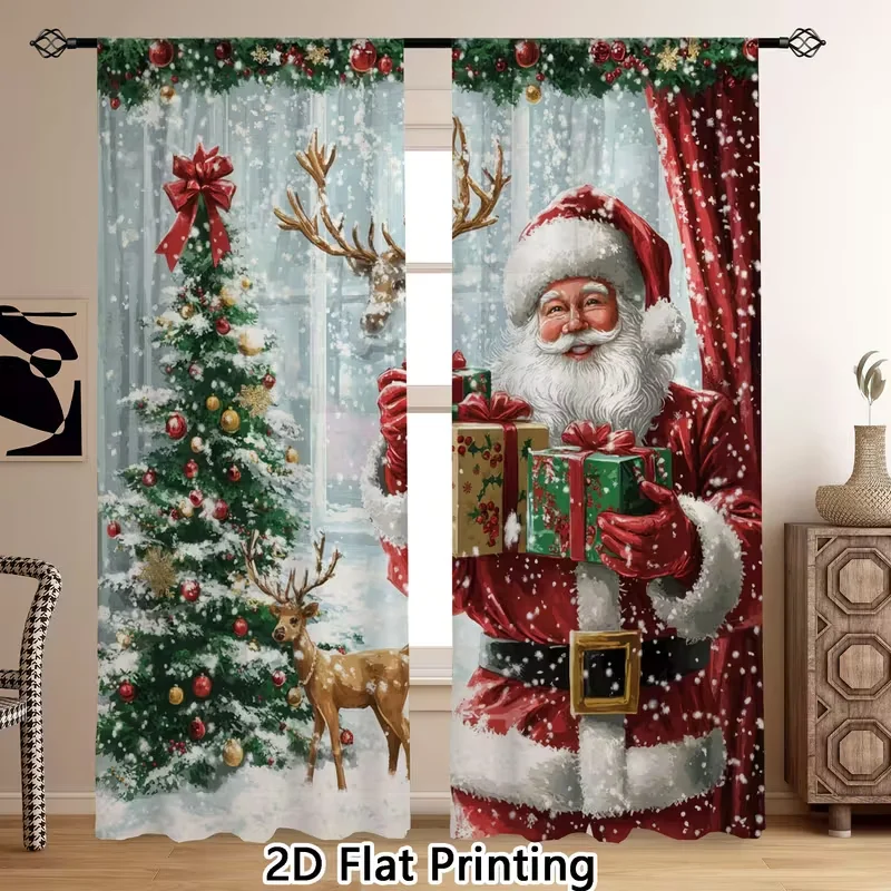 2pcs Santa & Reindeer Christmas Curtains Festive Design Polyester Window Decor for Holiday Living Room Bedroom Rod Pocket Curtai