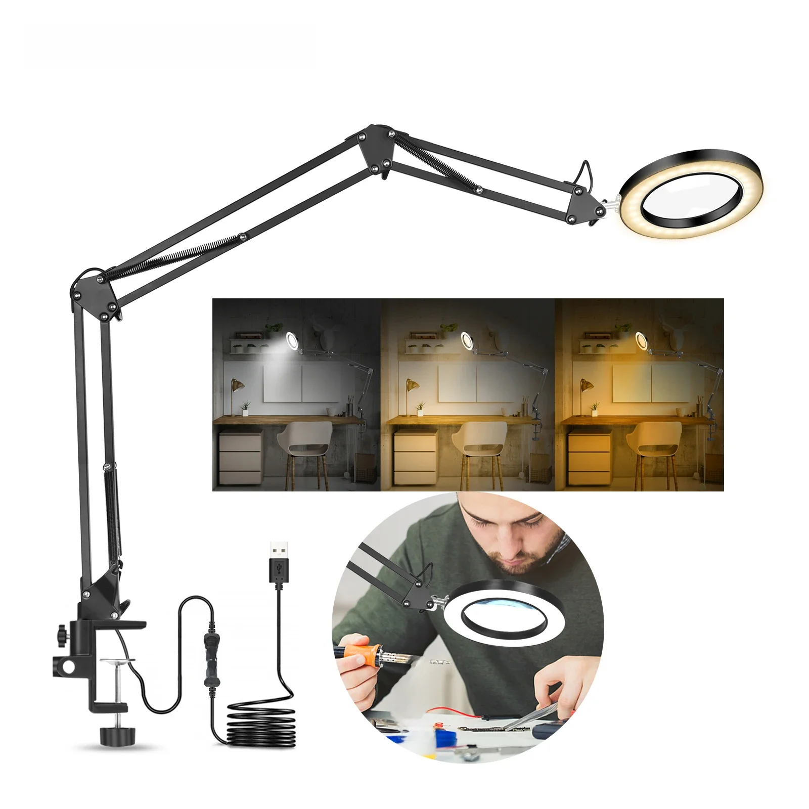 NEWACALOX elastyczne biurko duże 5X USB LED szkło powiększające 3 kolory podświetlana lampa lupa lupa czytanie/rosnąca/lutowanie — zdjęcie 2