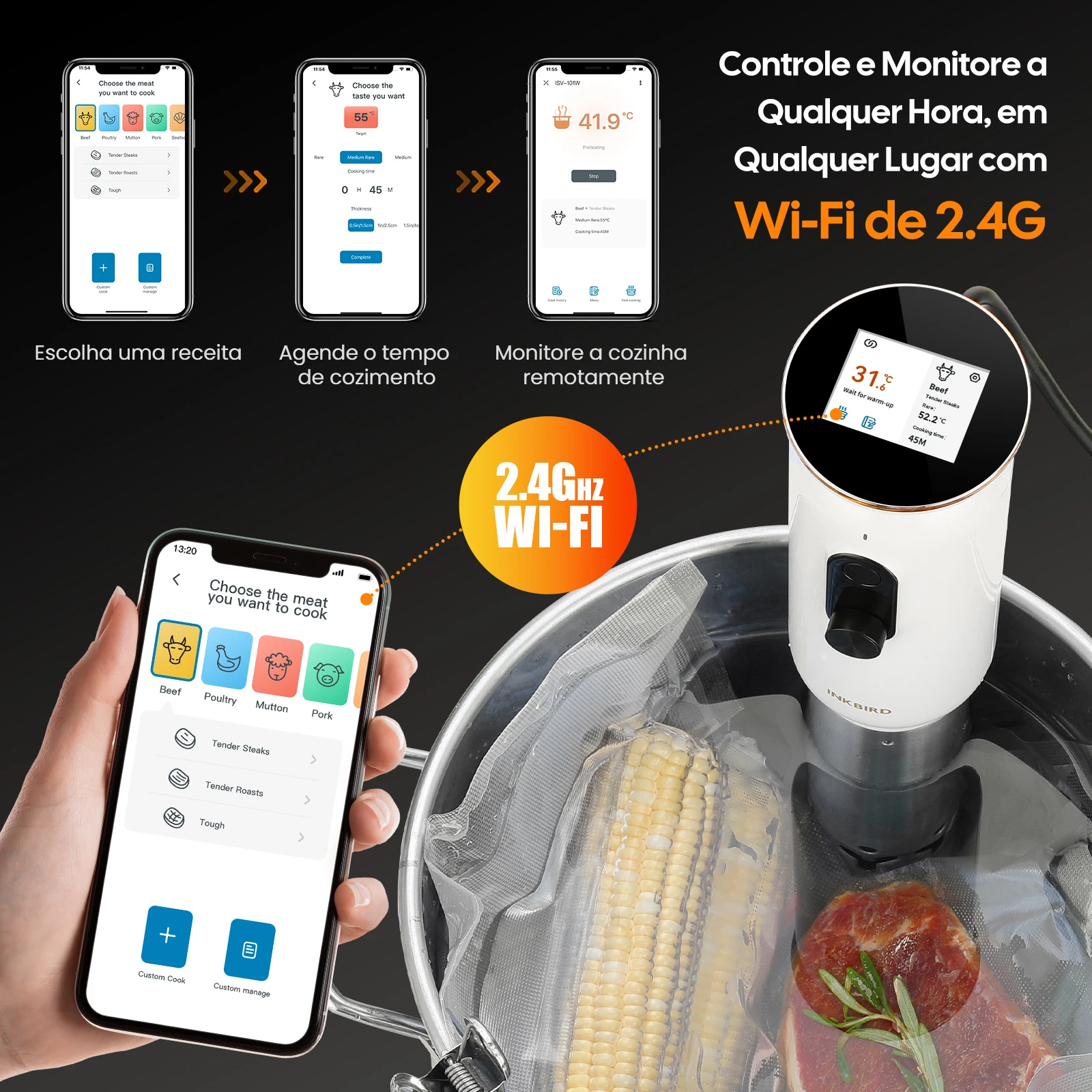INKBIRD WiFi Sous Vide Machine ISV-101W 1000W Sous Vide Cooker 3D تسخين توزيع المياه مع قوائم محددة مسبقًا للتطهي