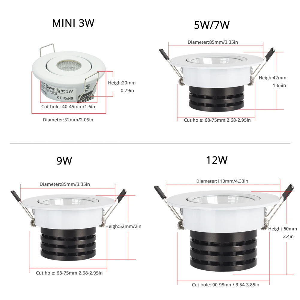 Spot de led cob dimerizável, mini holofote embutido de led prateado branco e preto perfil mini 3w 5w 7w 12w, novo design para interiores