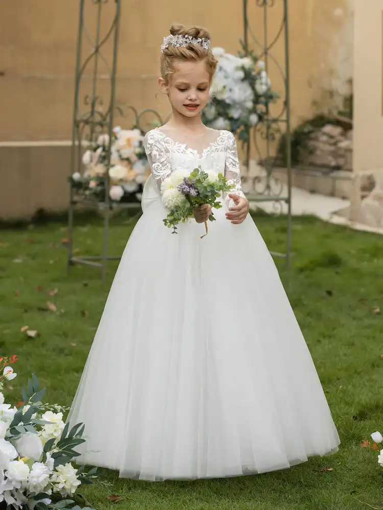 Vestido de flores de manga tres cuartos para niña, cuello redondo, Floral, tul, apliques de encaje, ropa Formal para niños, vestidos de fiesta de boda, blanco