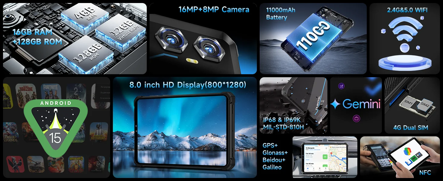 OUKITEL RT3 Plus Rugged Android 15 Tablet, 16GB+128GB 1TB Expandable Waterproof Tablets, 8 Inch HD Display, 1100mAh Battery