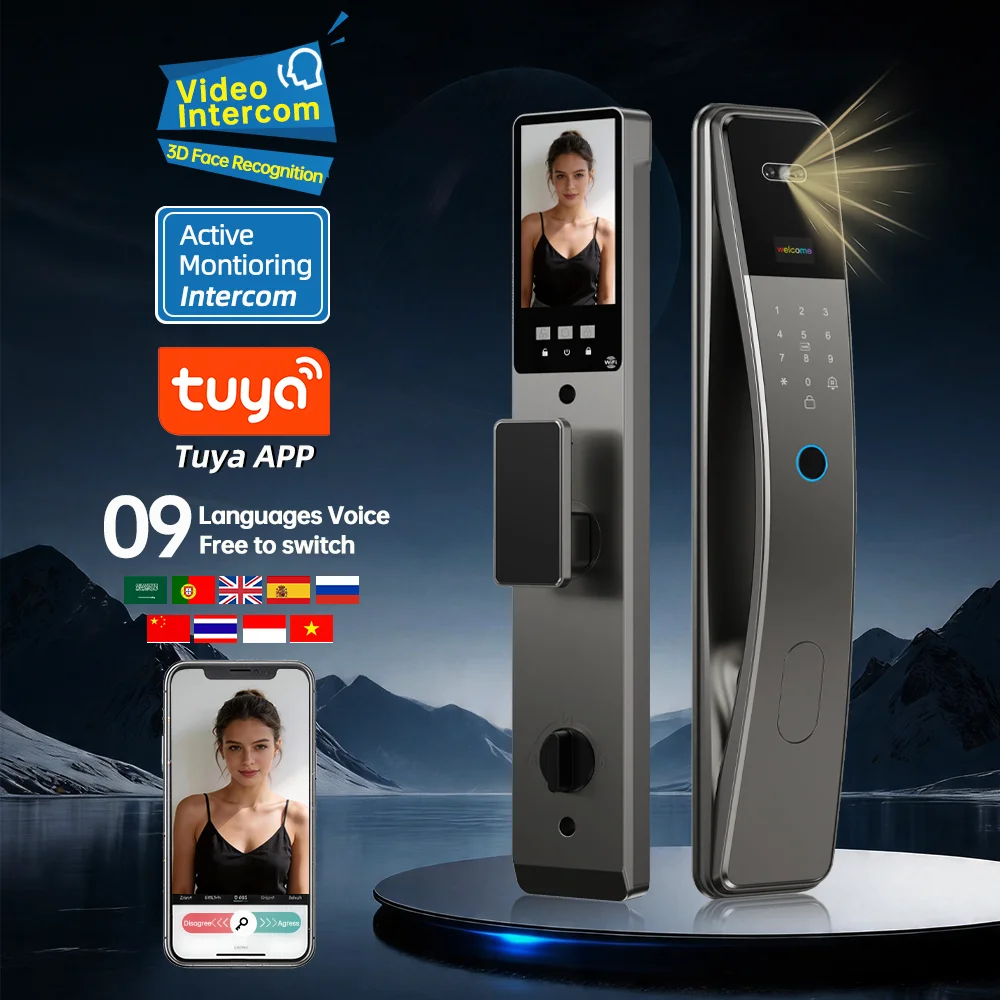 Cerradura inteligente con huella dactilar 3D, funciona con videoportero Tuya, huella biométrica, cerradura de embutir 6068, 9 idiomas, WiFi, control remoto.