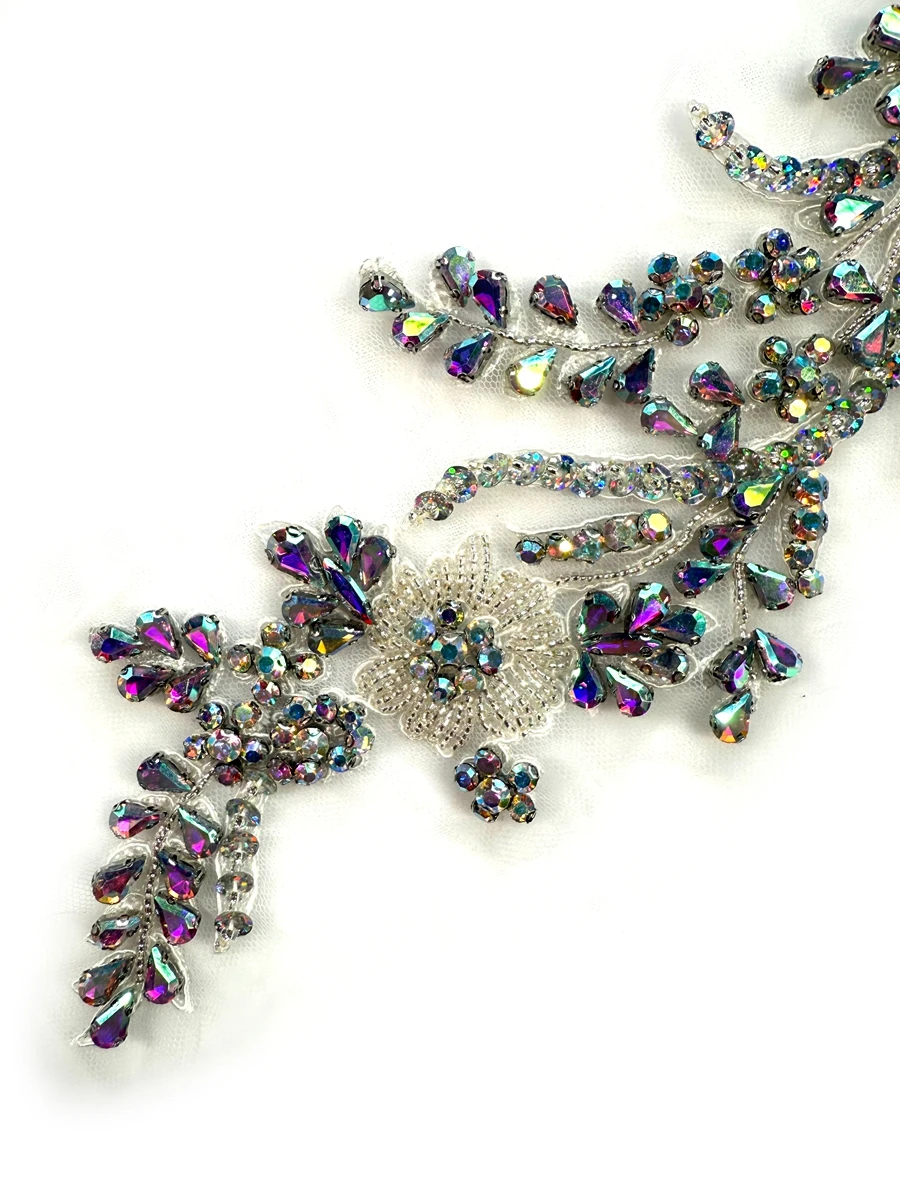 HelluyerDc Silver,gold,champgane,AB,Black rhinestones beaded applique patch,3D beading flowers pair applique for DIY decorations