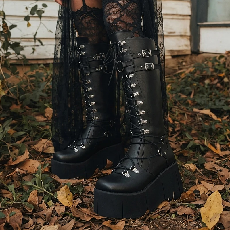 Women's Gothic Wedge Heel Platform Knee High Boots Metal Buckle Lace-Up Halloween Cosplay Punk Street Club Festival Shoes