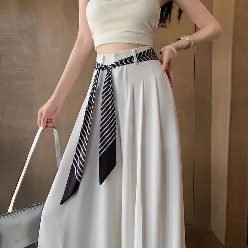 White Ice Silk Suit Wide Leg Pants Women's Spring Autumn With Scarf High Waist Drop Straight Floor Length Pants Female Trousers