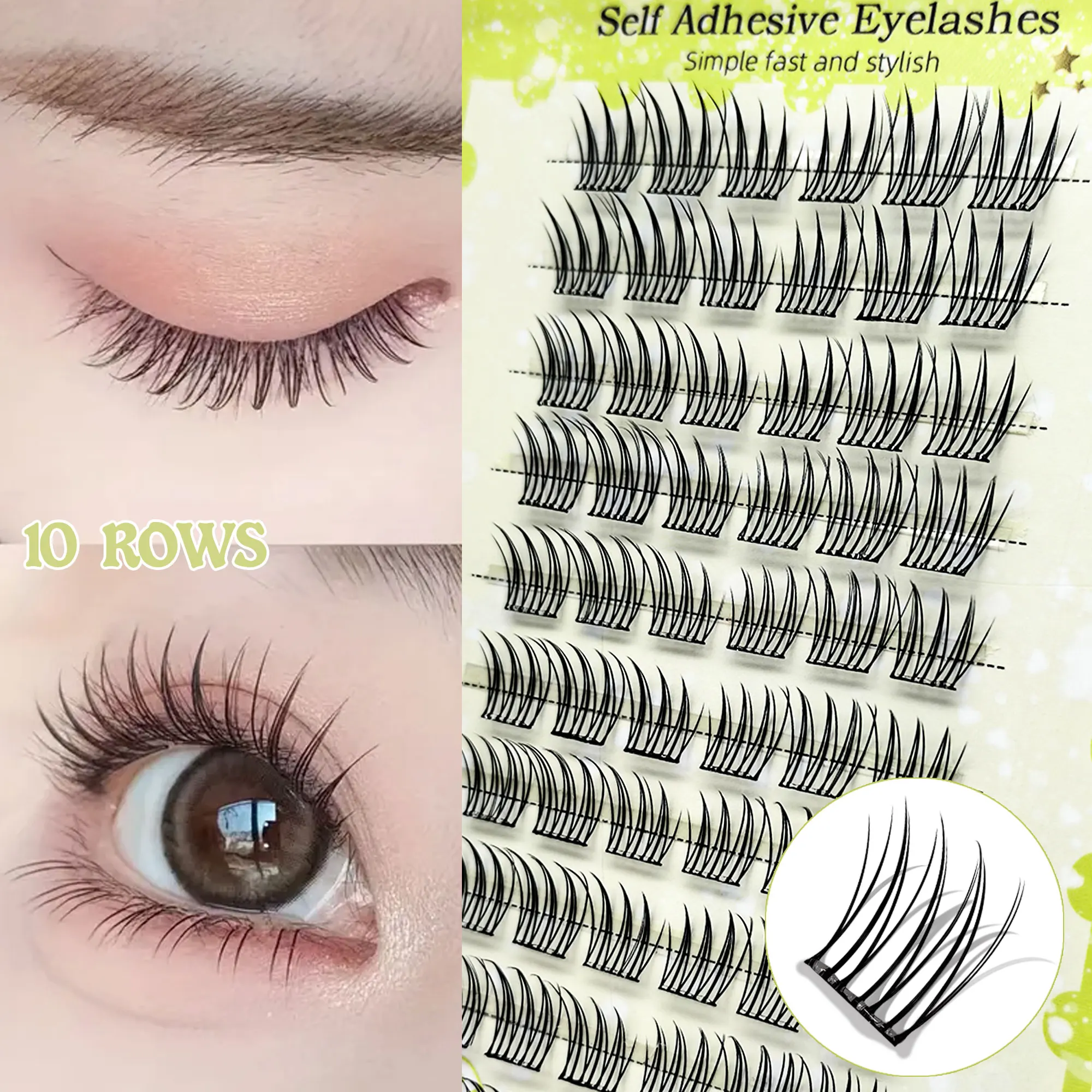 6-10 linhas de cílios sem cola, cílios postiços de coelho multiuso/selvagem, naturais e leves, adequados para uso diário