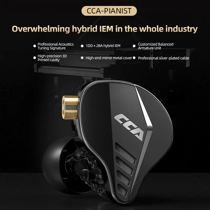 سماعة رأس معدنية داخل الأذن من CCA PIANIST سلكية ، سماعة مزدوجة الديناميكية ، سماعات أذن هاي فاي باس ، شاشة عالية الأداء
