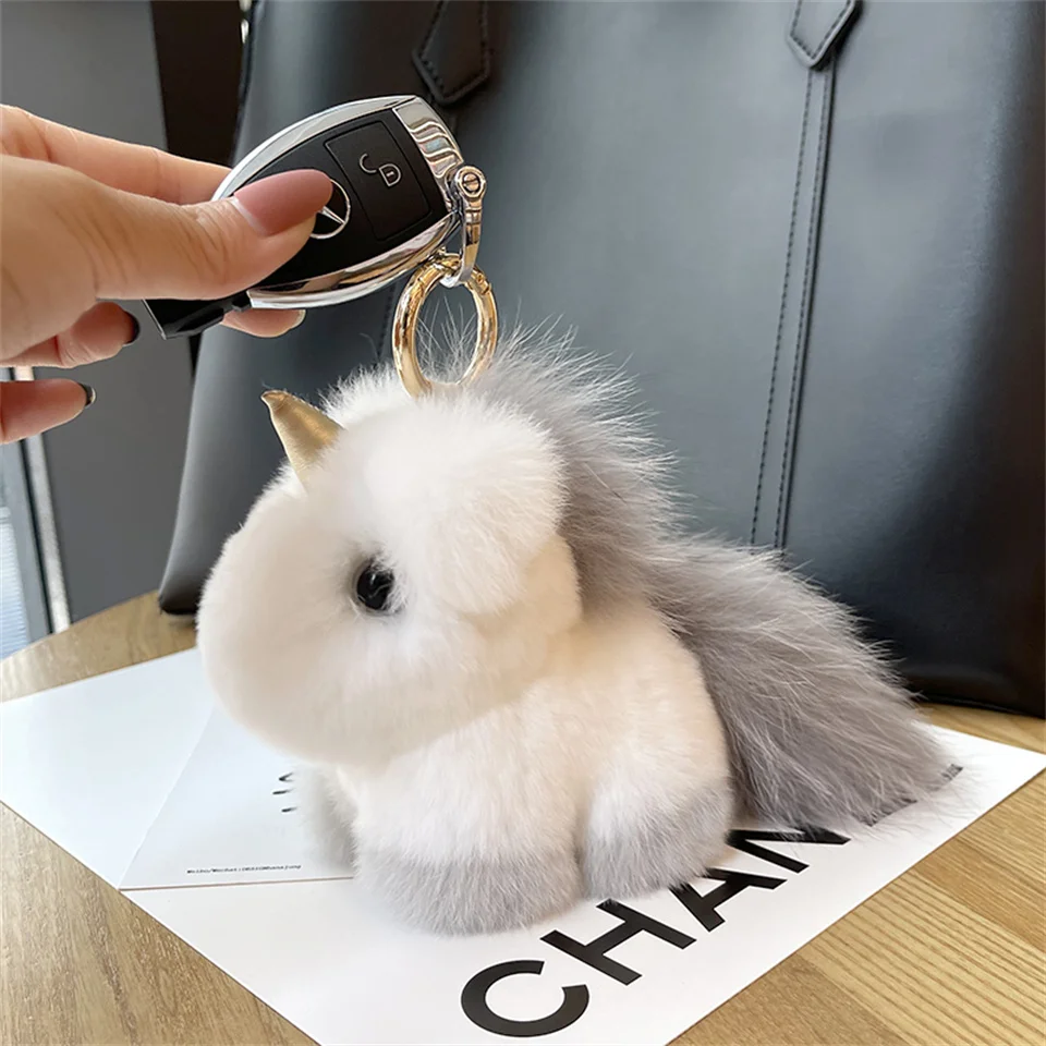 Fluuffy Cute Unicorn Bag Charm Real Rex Rabbit Fur Key Ring Backpack Clips Handbag Key Accessories Bag Charms For Girl Women