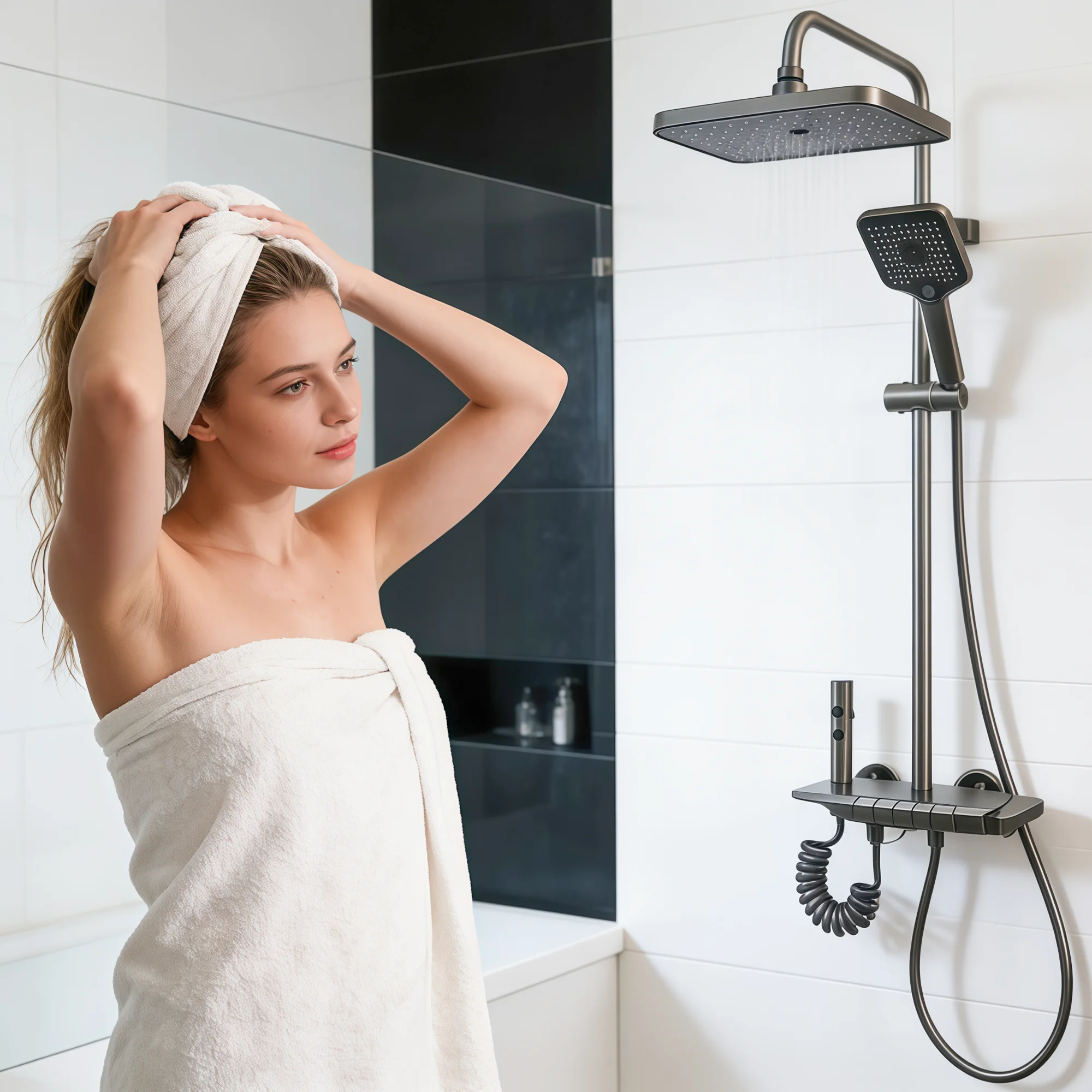 Système de douche 4 voies gris anthracite à touches piano, pommeau de douche carré surdimensionné de 30 cm, douchette à main puissante et pulvérisateur bidet puissant avec accessoires d'installation complets