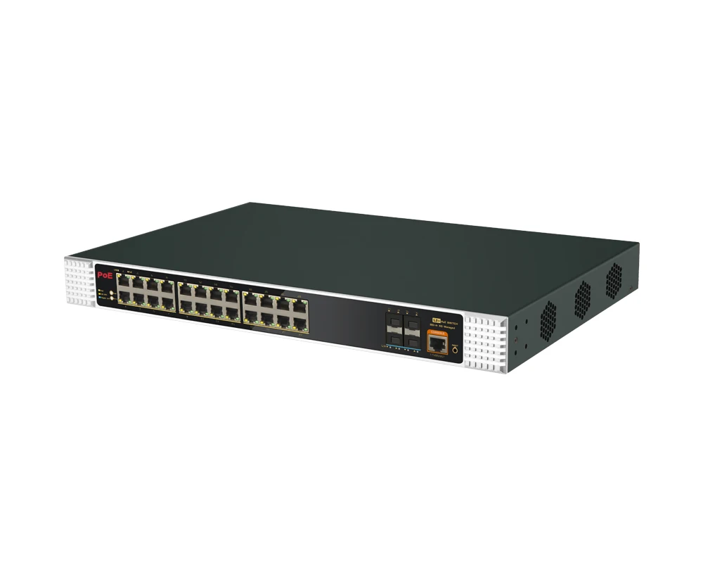 28 Port L3 Managed Industrial PoE Switch 24*10/100/1000Mbps PoE port+4*10G SFP+  400W Fan support VLAN Isolation Timer On/Off