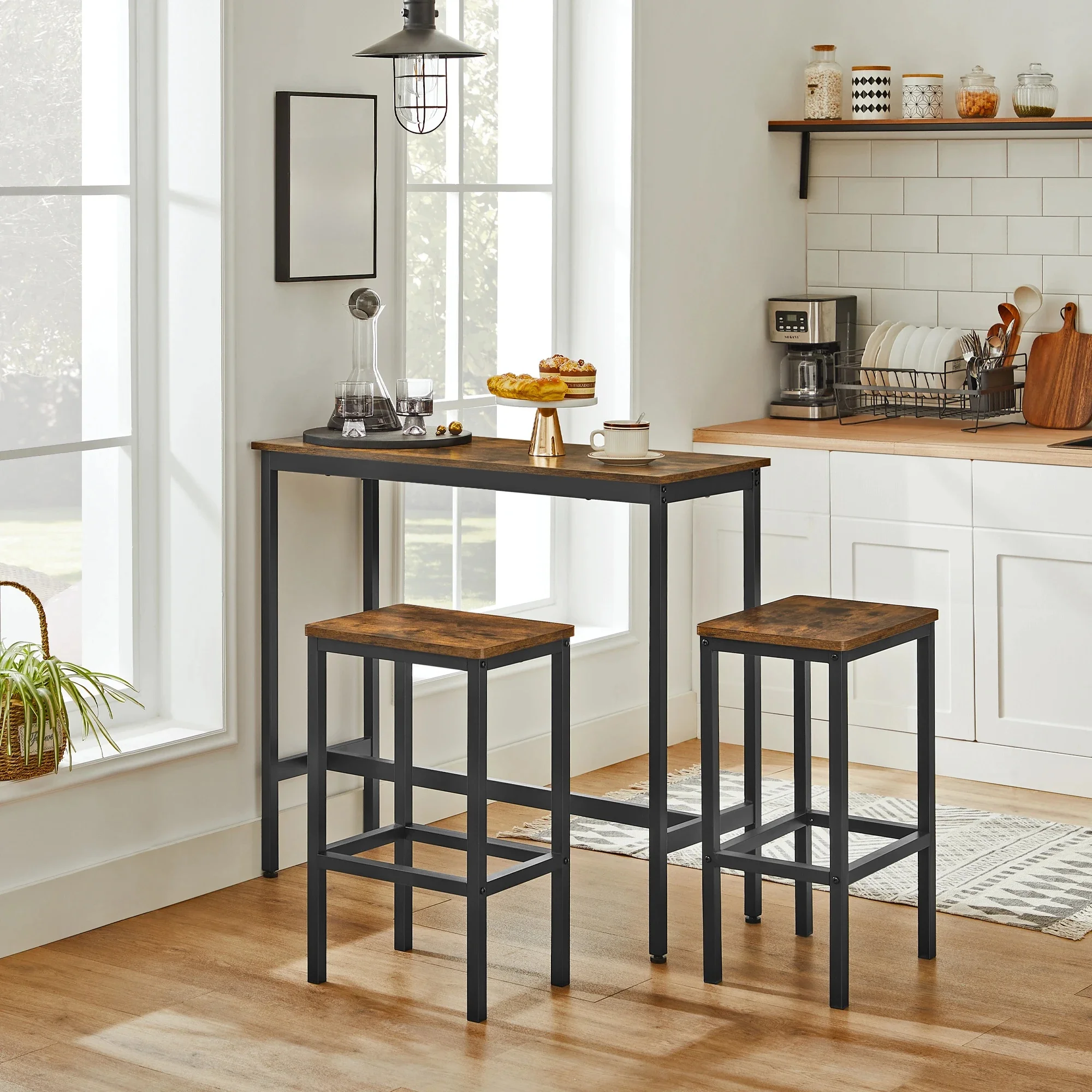 VASAGLE bartafel met barkrukset, eetgroep, 2 stoelen, stalen verhouding, industrieel ontwerp - afbeelding 2