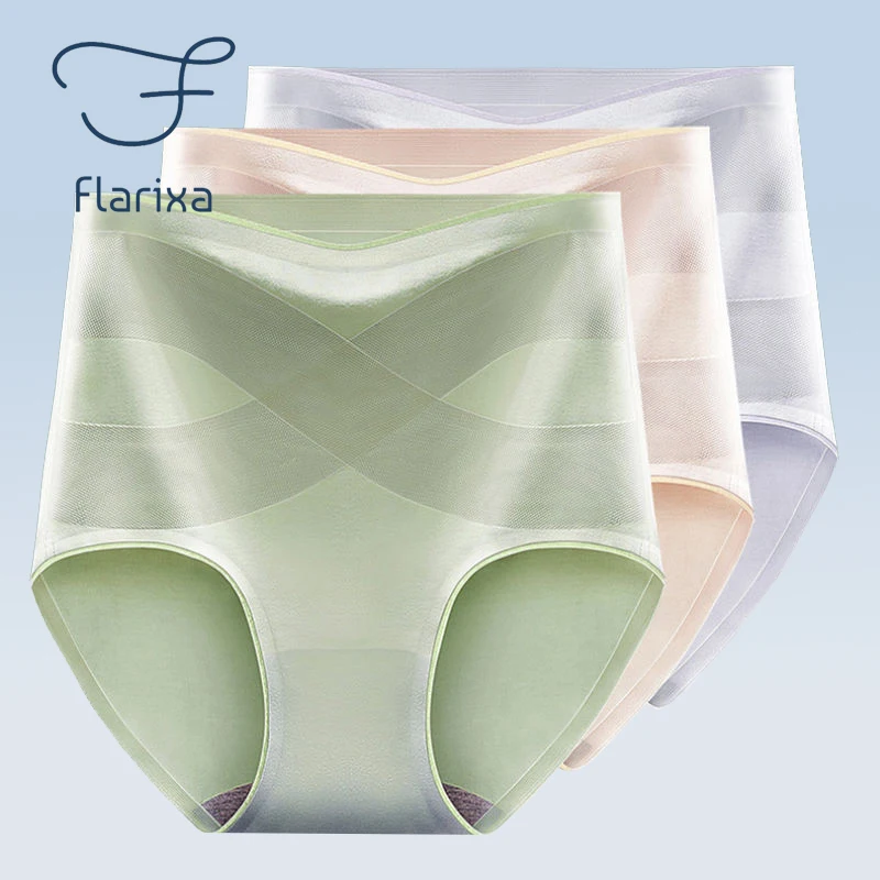 Flarixa Seamless Women High Waist Cotton Panties Cross Tummy Control Underwear Girls Briefs Breathable Solid Color Underpants